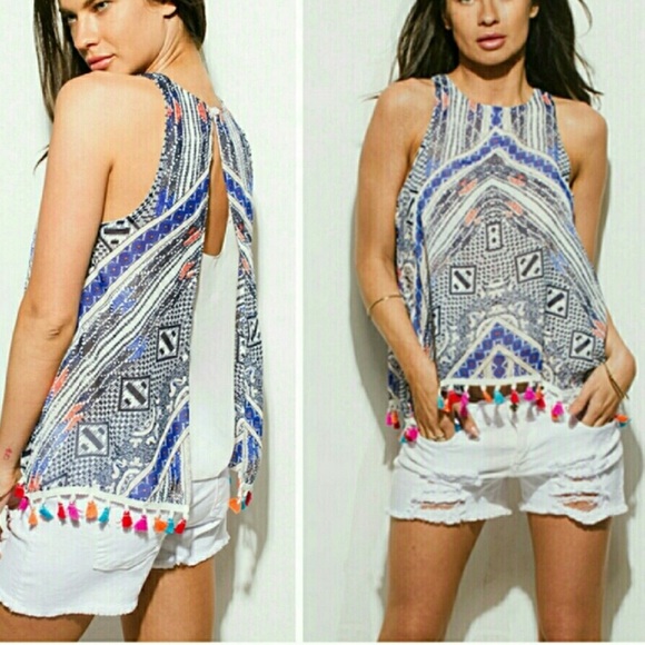 Tops - NWT ‘St Tropez’ printed tassel tank